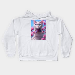 Grey Cat Surrounded by Pink Flowers Kids Hoodie